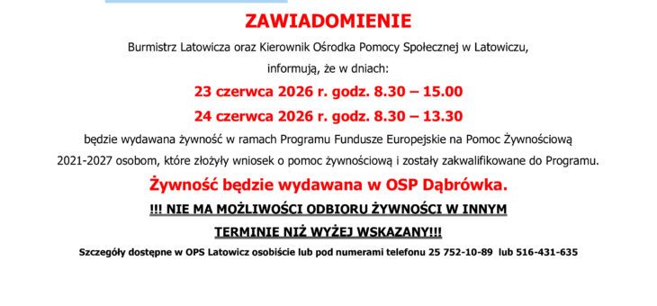 ZAWIADOMIENIE DOTYCZĄCE POMOCY ŻYWNOŚCIOWEJ